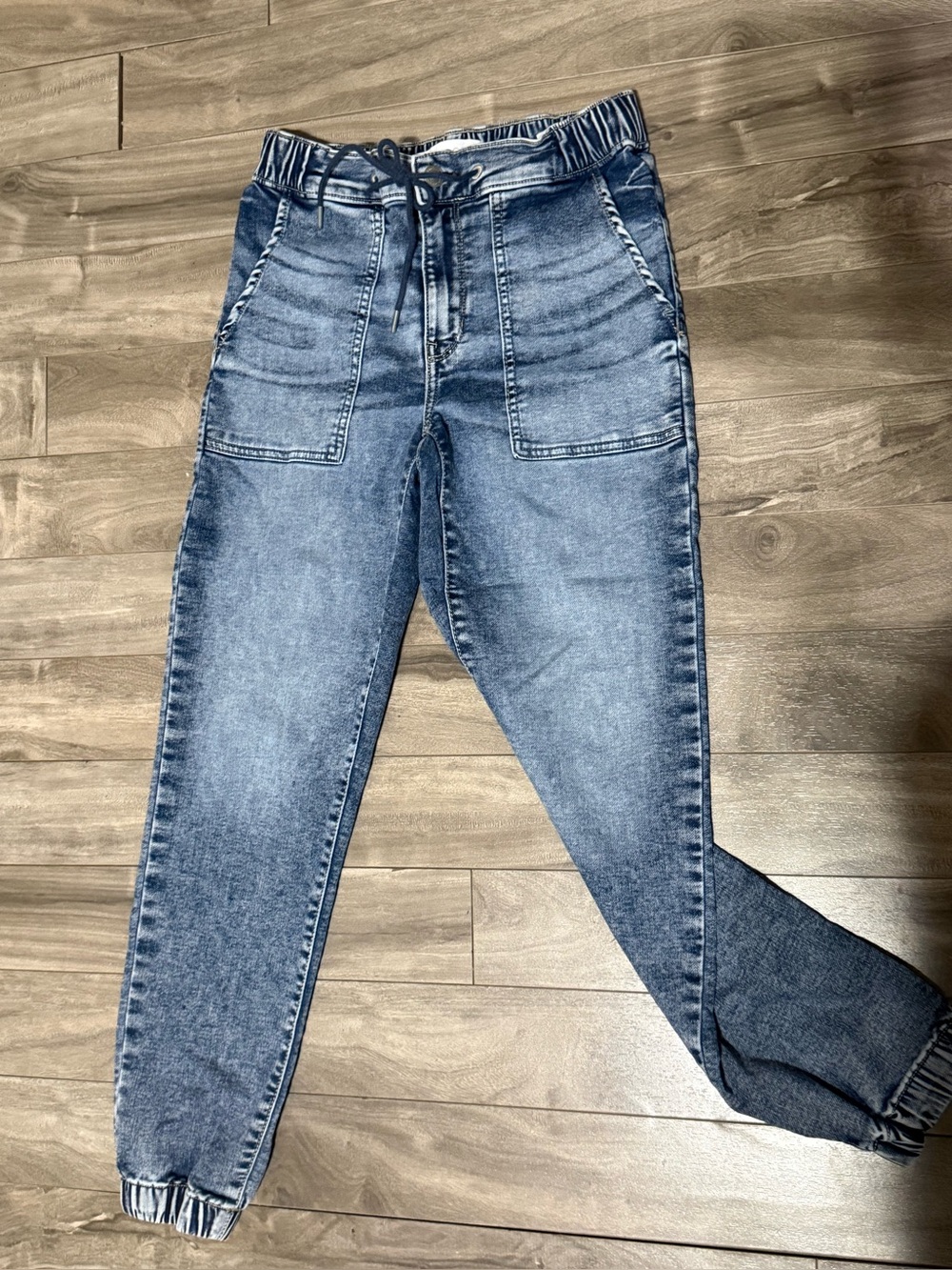 Women's Light Blue Boyfriend Jogger Jeans with Drawstring Waist